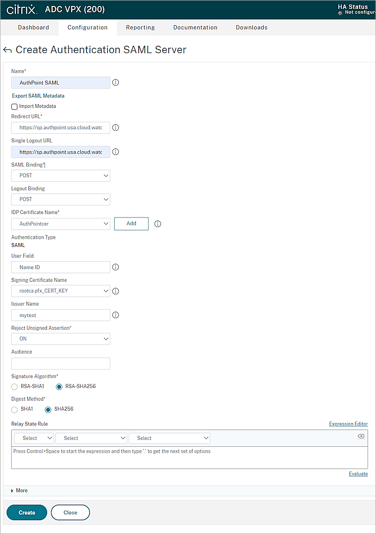 Screen shot of the creat authentication SAML server